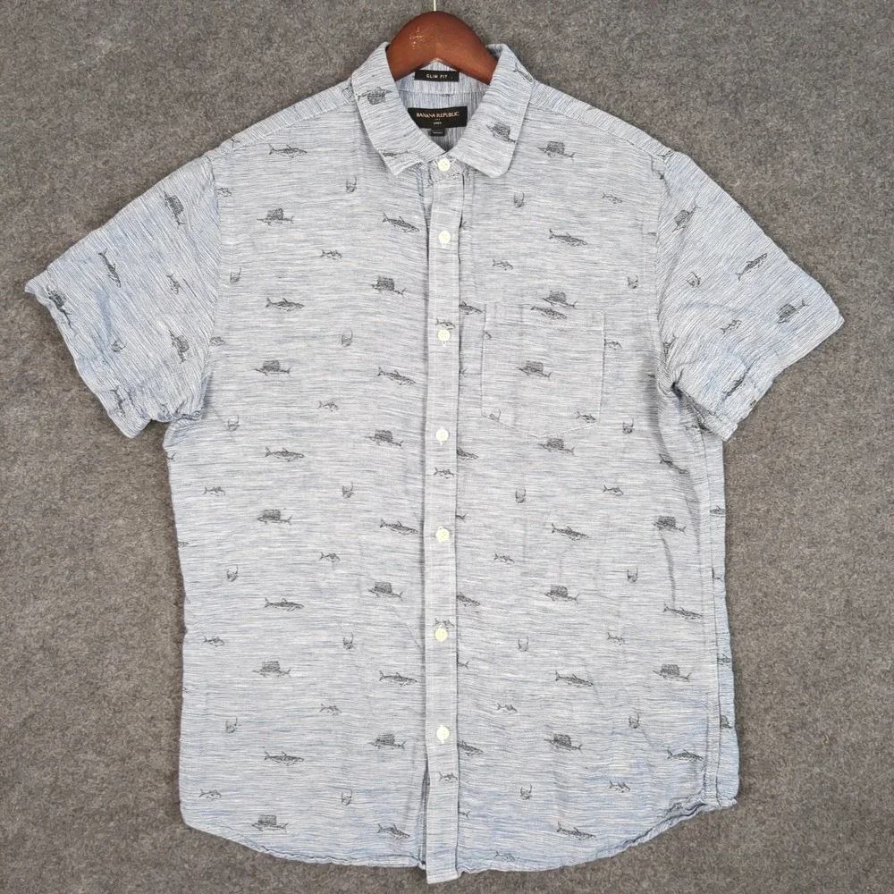 Banana Republic Mens Large Slim Fit Linen Short‎ Sleeve Shirt